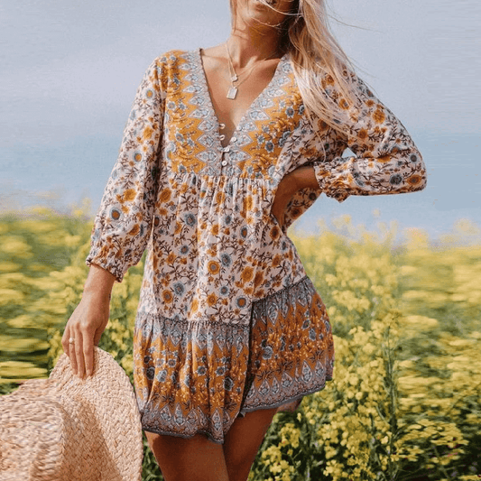 Boho Floral Long Sleeves Mini Dress