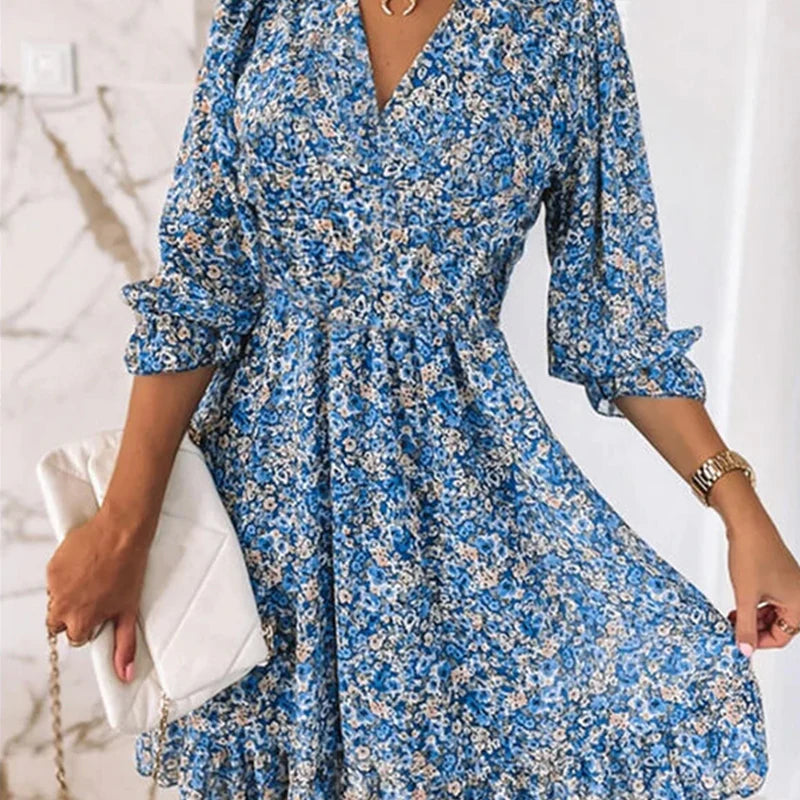 Elegant V-neck Long Sleeves Floral Mini Dress