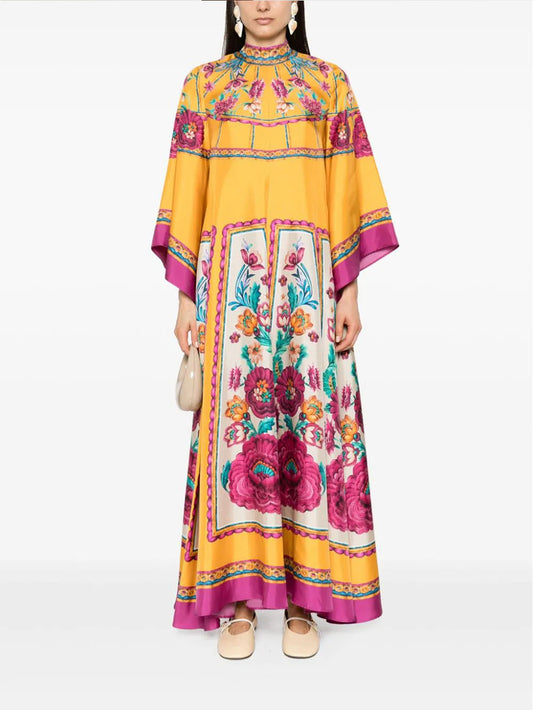 Vibrant Yellow Floral Print Purple Blue Accents Maxi Dress