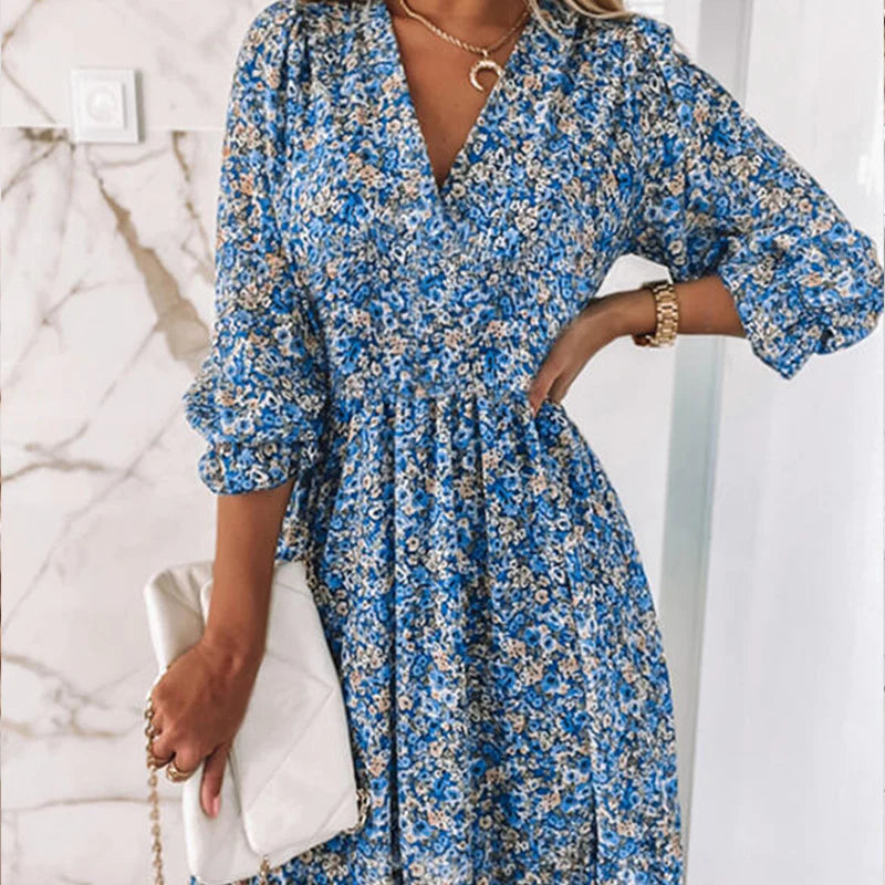 Elegant V-neck Long Sleeves Floral Mini Dress