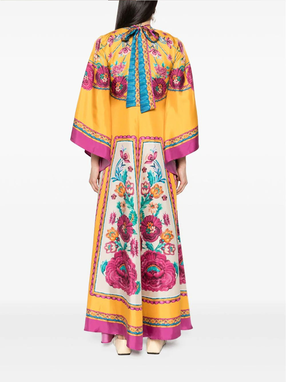 Vibrant Yellow Floral Print Purple Blue Accents Maxi Dress