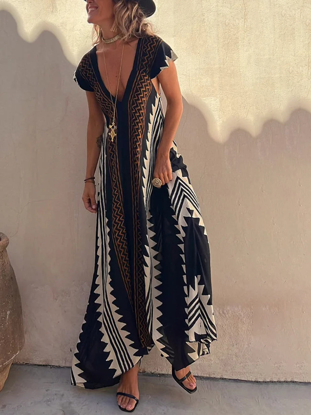 Bohemian V-neck Short Sleeves Geometric Casual Maxi Dress