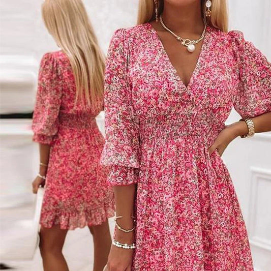 Elegant V-neck Long Sleeves Floral Mini Dress