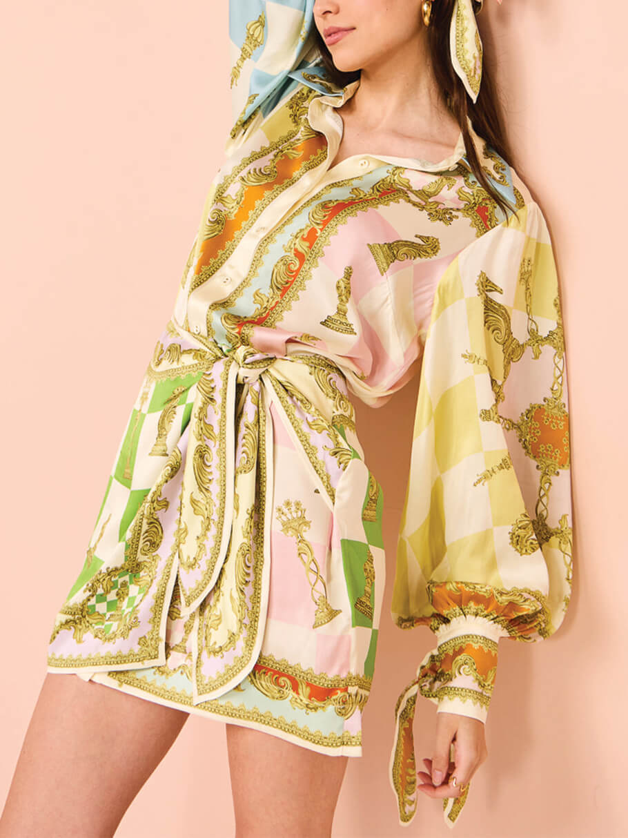 Vibrant Baroque Print Tie Waist Detail Shirt Mini Dress