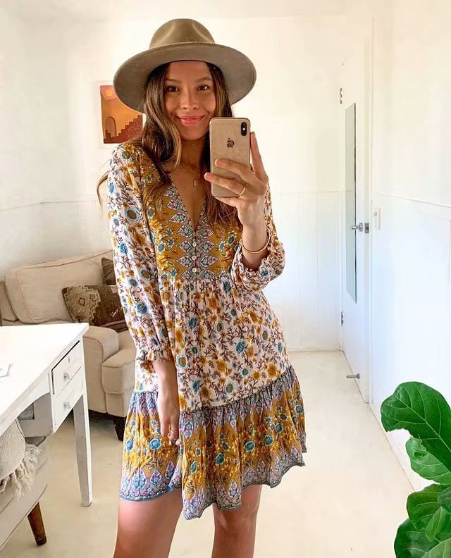 Boho Floral Long Sleeves Mini Dress