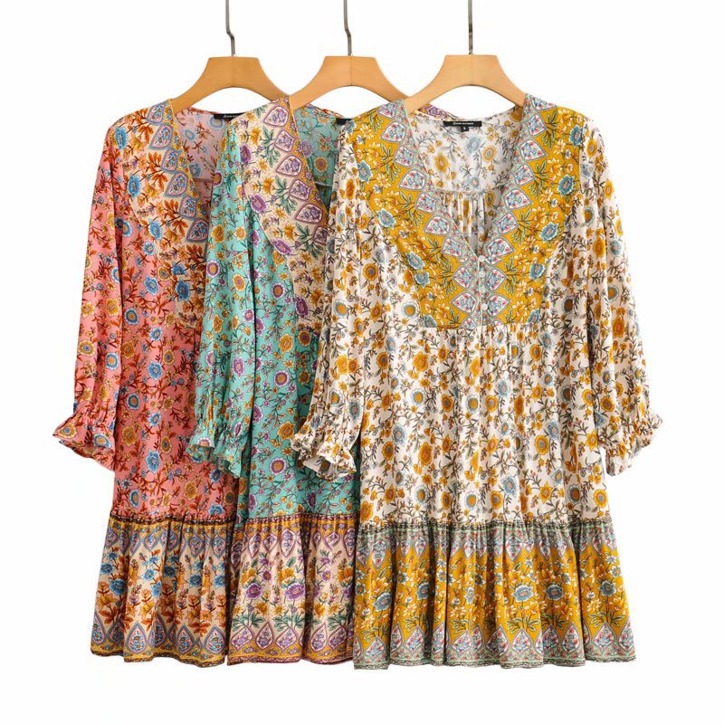 Boho Floral Long Sleeves Mini Dress