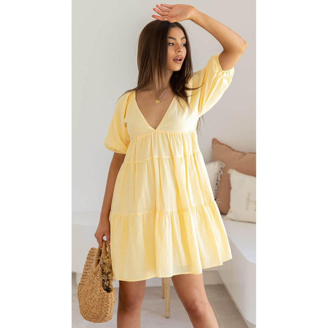 Yellow V-neck Puff Short Sleeves Tiered Mini Sun Dress