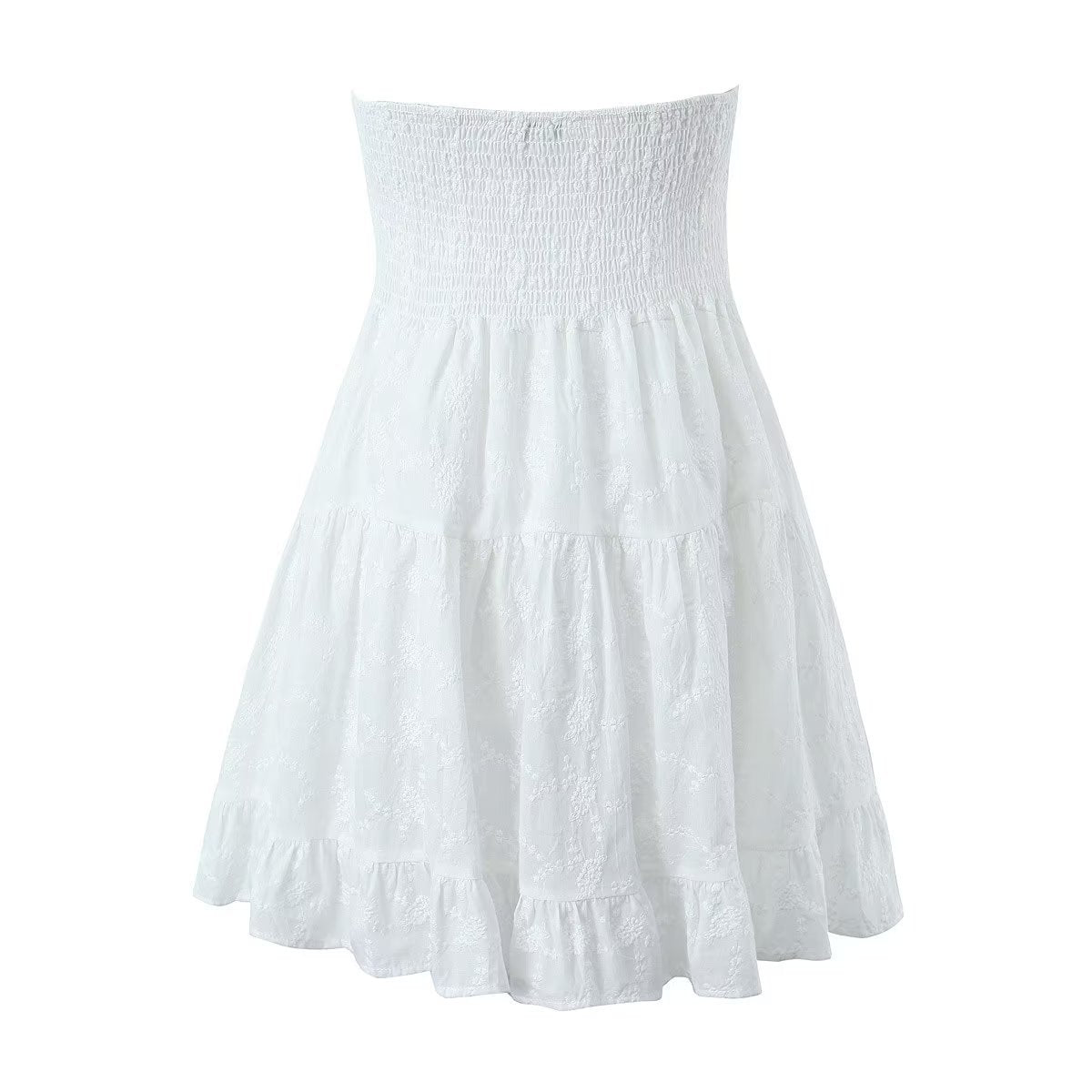 White Strapless Buttons Tiered Lace Mini Dress