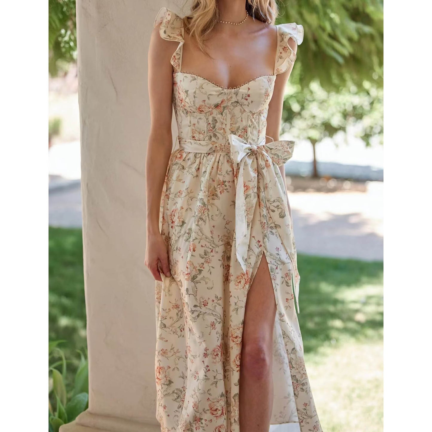 Floral Flutter Sleeves Bow Slit Front Midi Dress