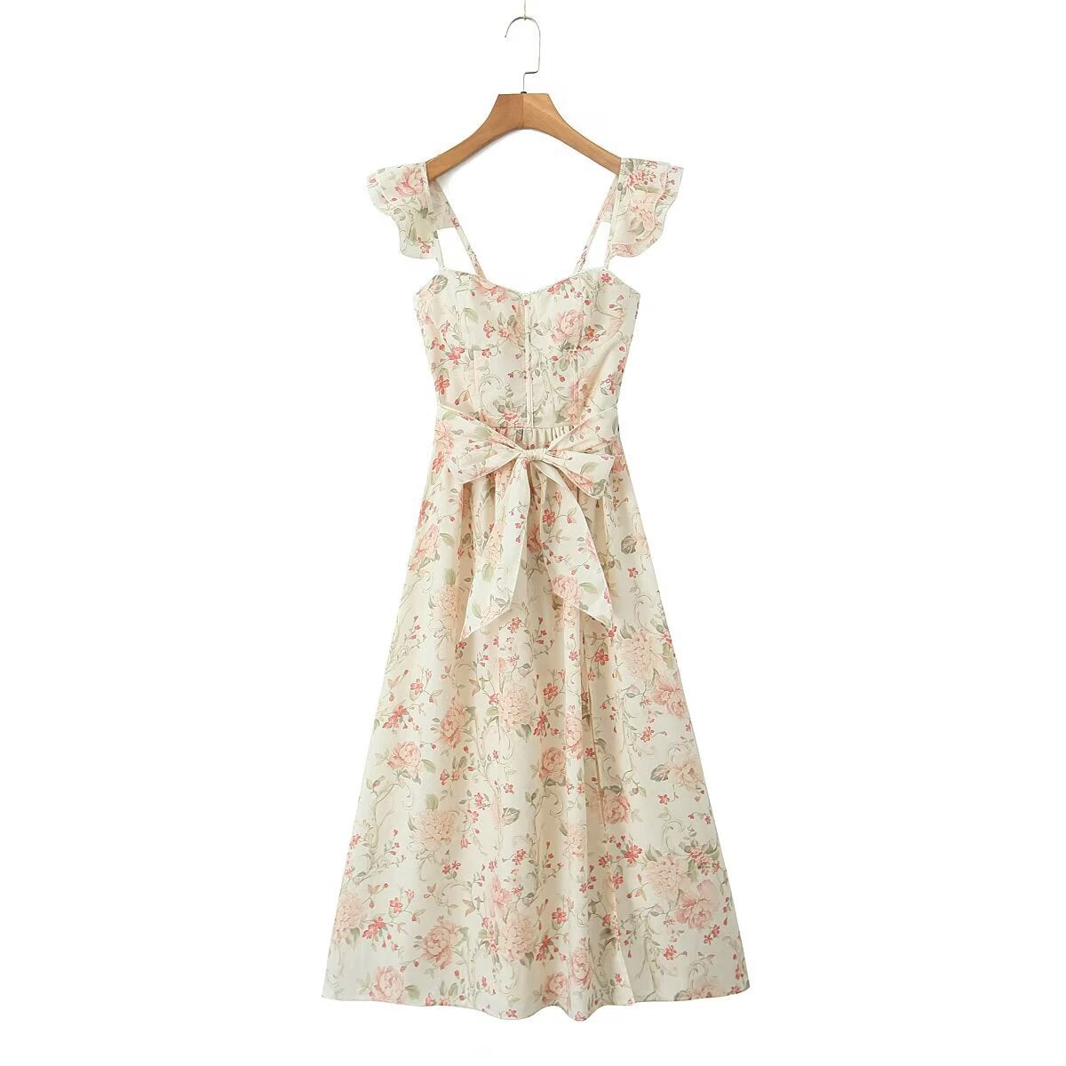Floral Flutter Sleeves Bow Slit Front Midi Dress