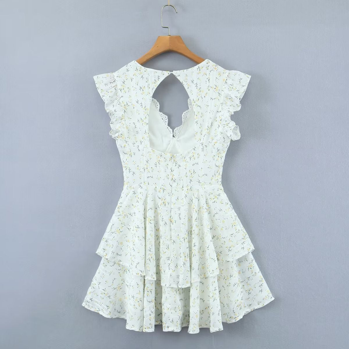 White Floral Print Scalloped V-neck Flutter Sleeves Mini Dress