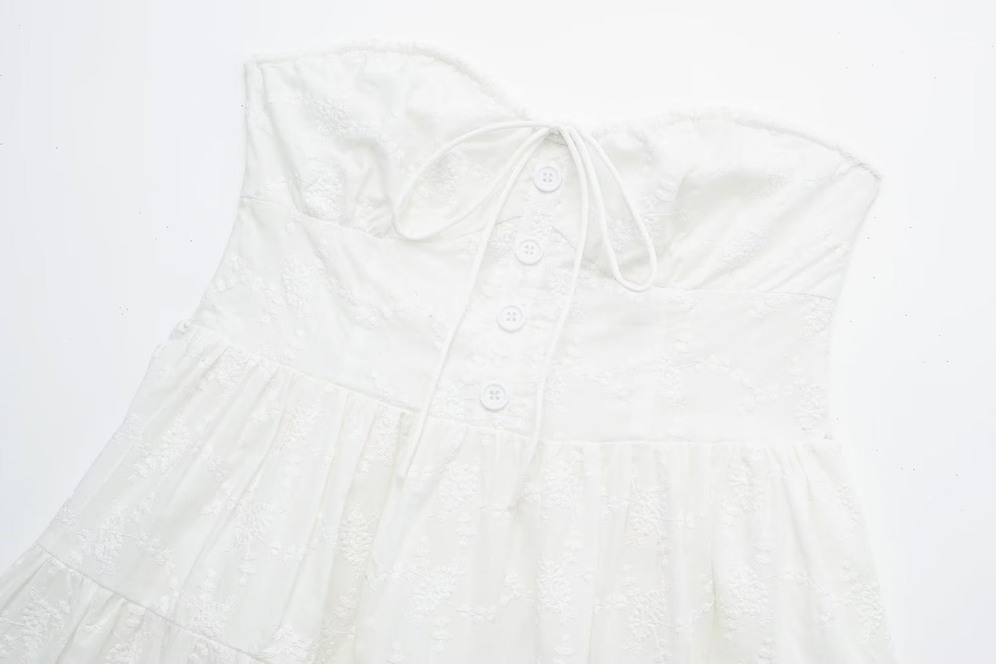 White Strapless Buttons Tiered Lace Mini Dress