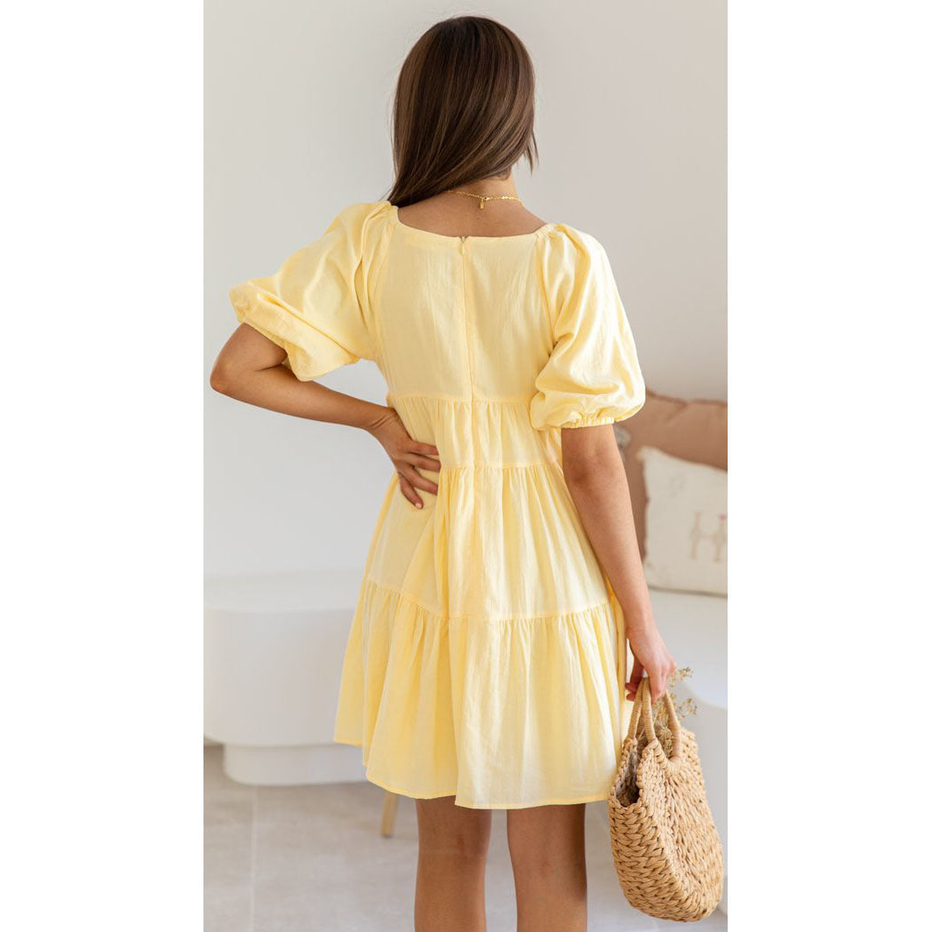 Yellow V-neck Puff Short Sleeves Tiered Mini Sun Dress
