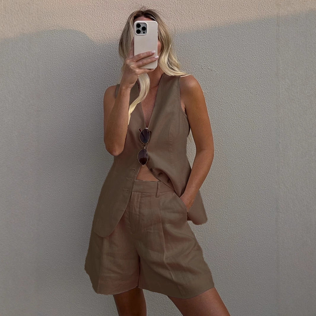 Linen Button Down Vest and Shorts Set