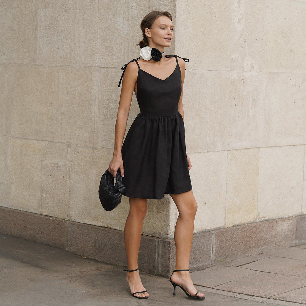 Spaghetti Straps High Waist Little Black Mini Dress