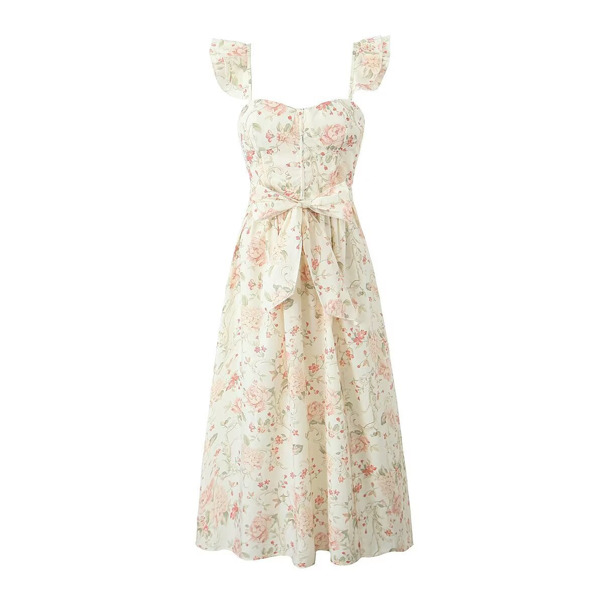 Floral Flutter Sleeves Bow Slit Front Midi Dress