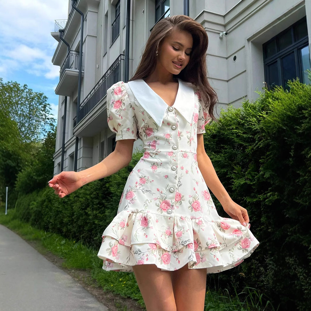 Sweet Floral Print Collar Button Down Mini Dress