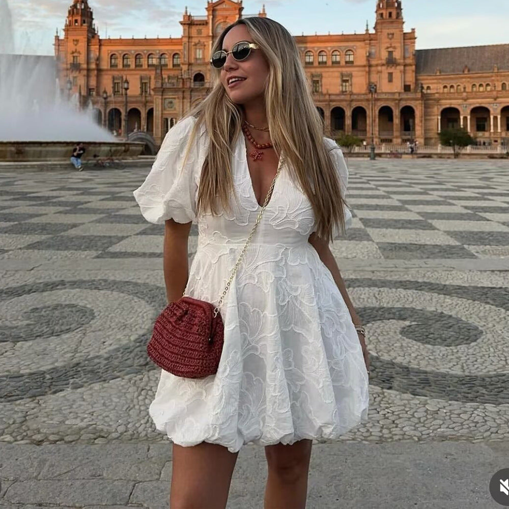 White Embroidered Puff Sleeves High Waist Party Holiday Mini Dress