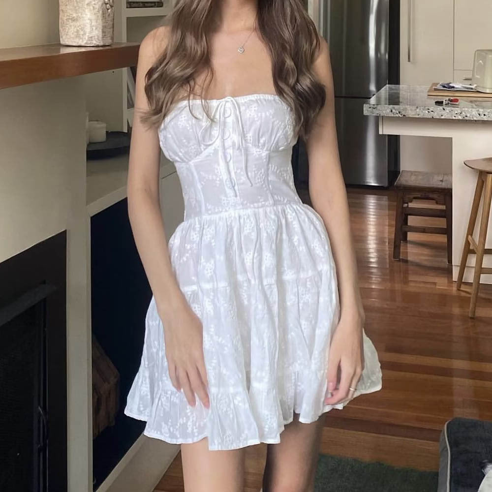 White Strapless Buttons Tiered Lace Mini Dress
