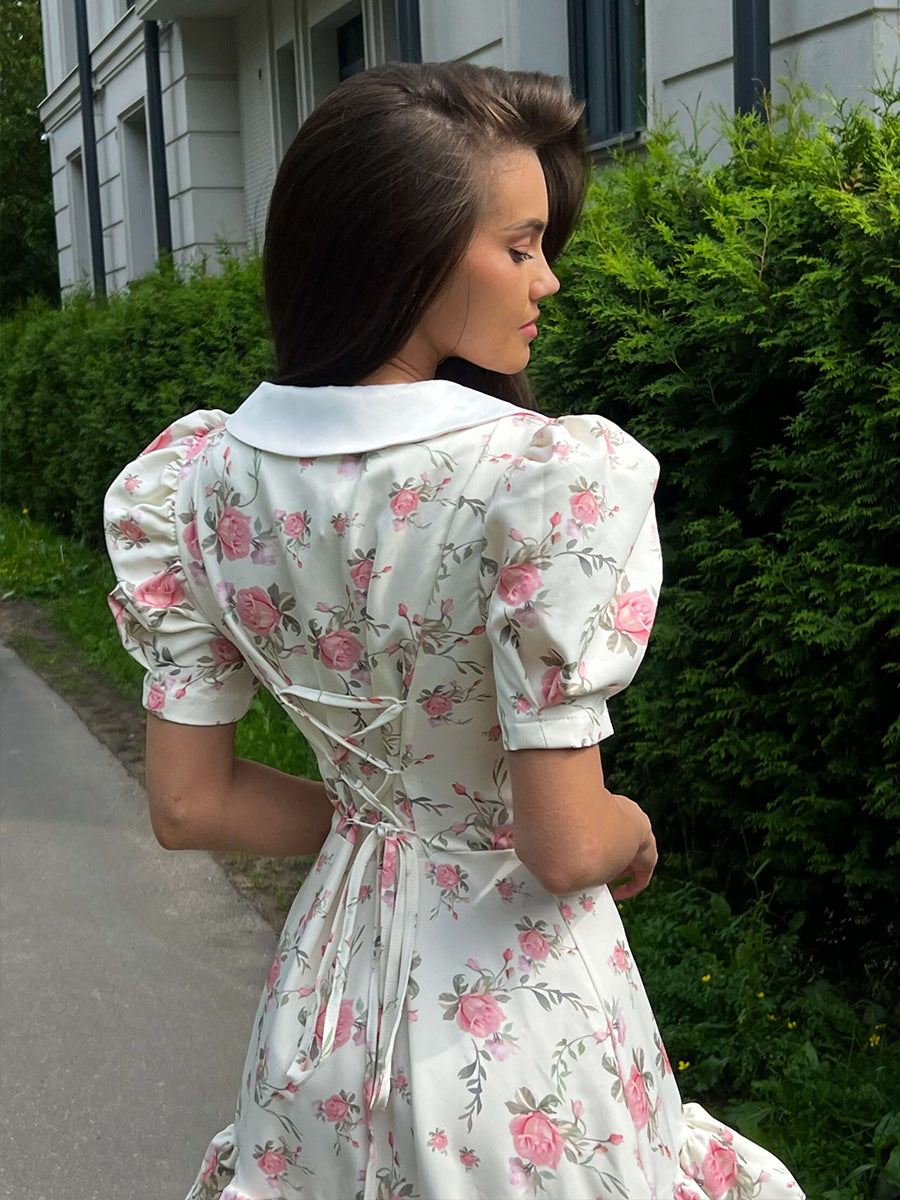 Sweet Floral Print Collar Button Down Mini Dress