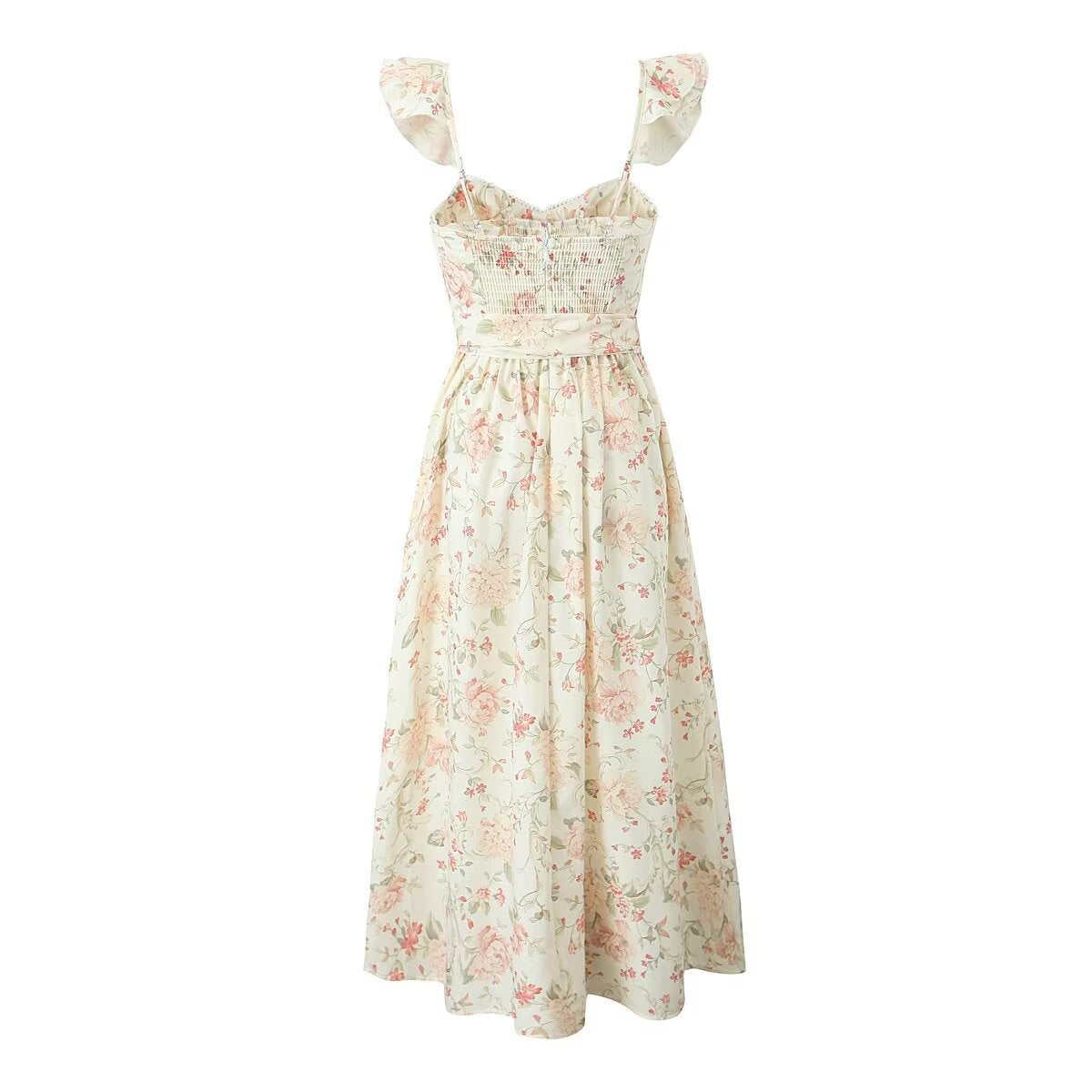 Floral Flutter Sleeves Bow Slit Front Midi Dress