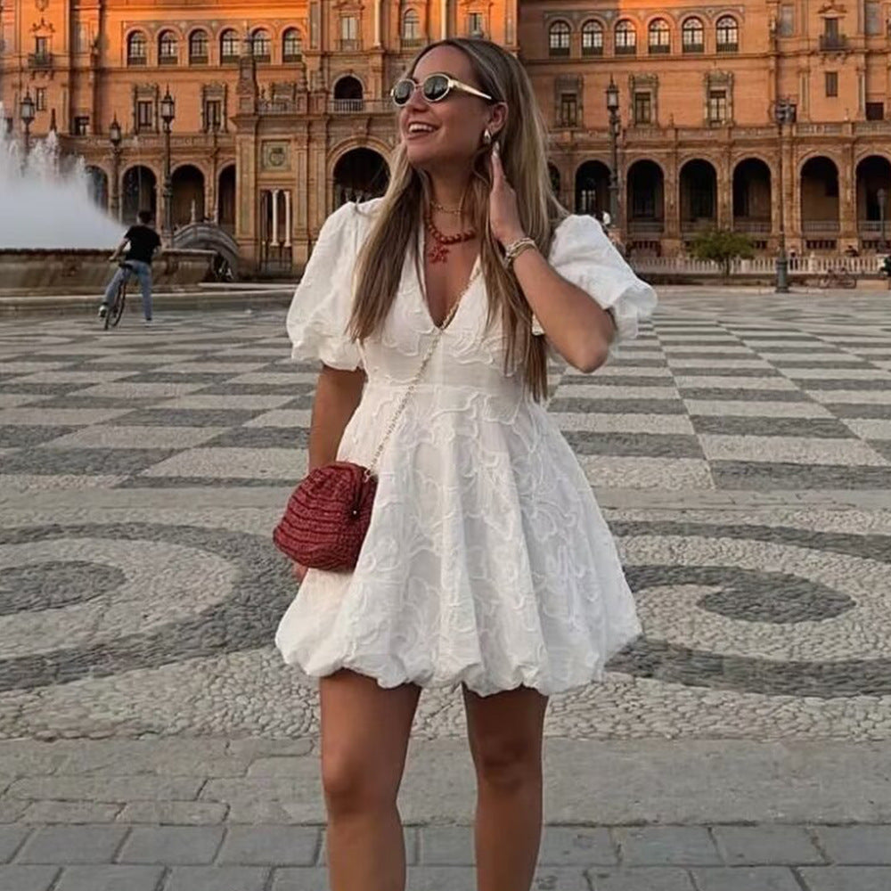 White Embroidered Puff Sleeves High Waist Party Holiday Mini Dress