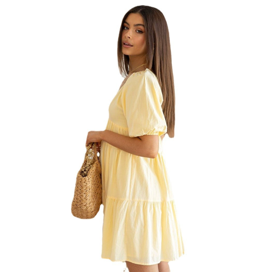 Yellow V-neck Puff Short Sleeves Tiered Mini Sun Dress