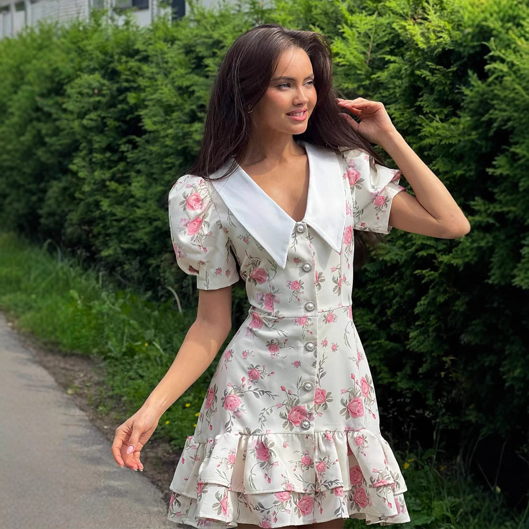 Sweet Floral Print Collar Button Down Mini Dress