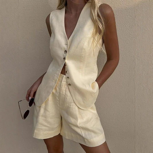Linen Button Down Vest and Shorts Set
