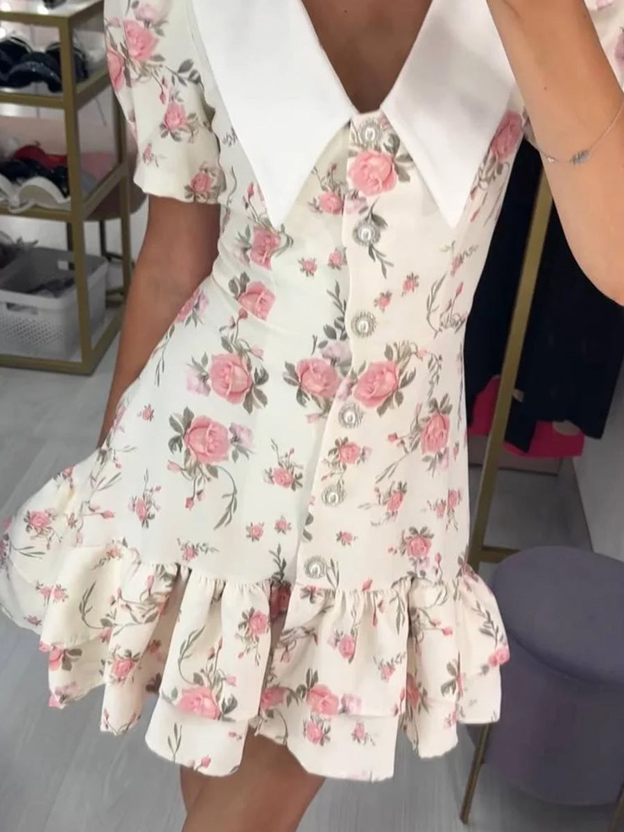 Sweet Floral Print Collar Button Down Mini Dress