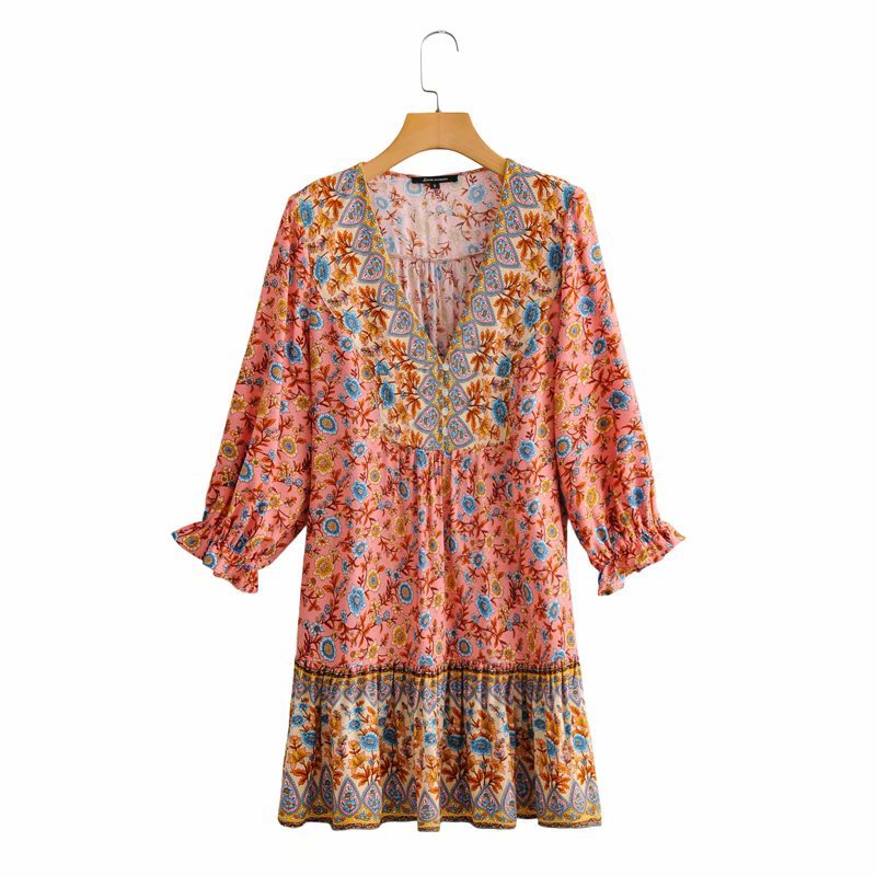 Boho Floral Long Sleeves Mini Dress