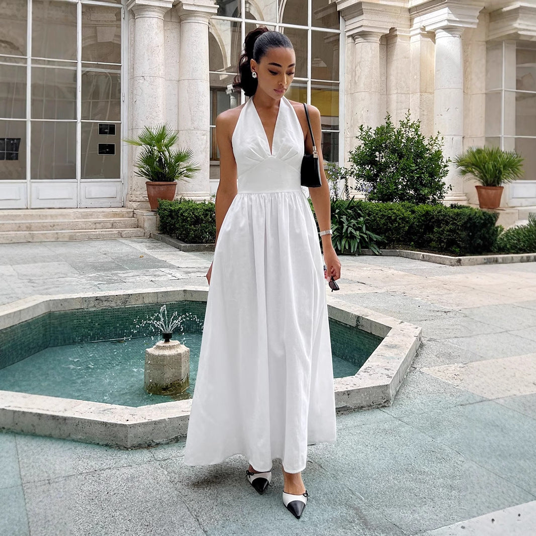 White Deep V-neck Sleeveless Backless Maxi Dress
