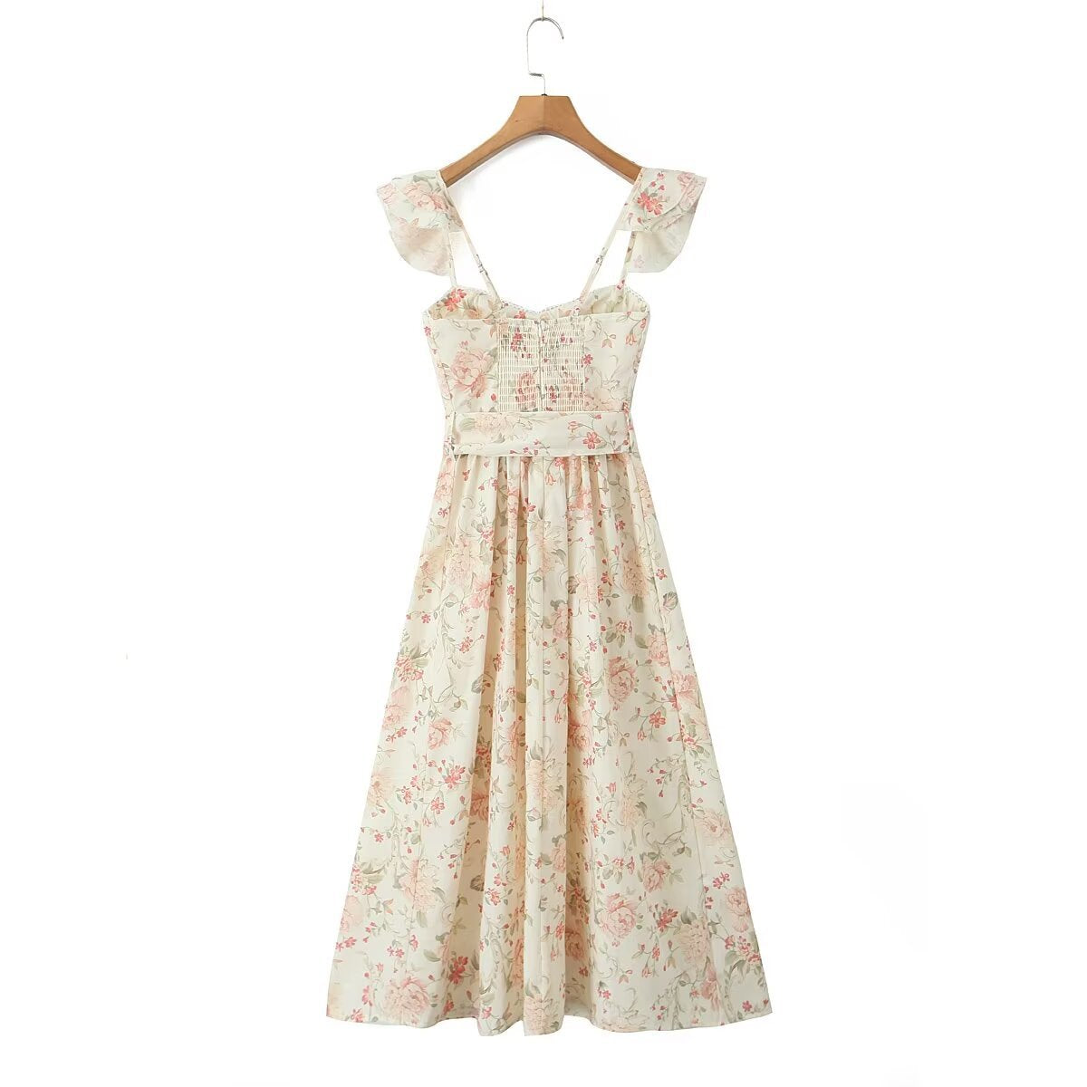 Floral Flutter Sleeves Bow Slit Front Midi Dress