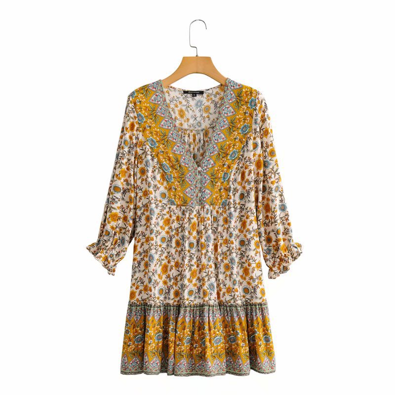 Boho Floral Long Sleeves Mini Dress