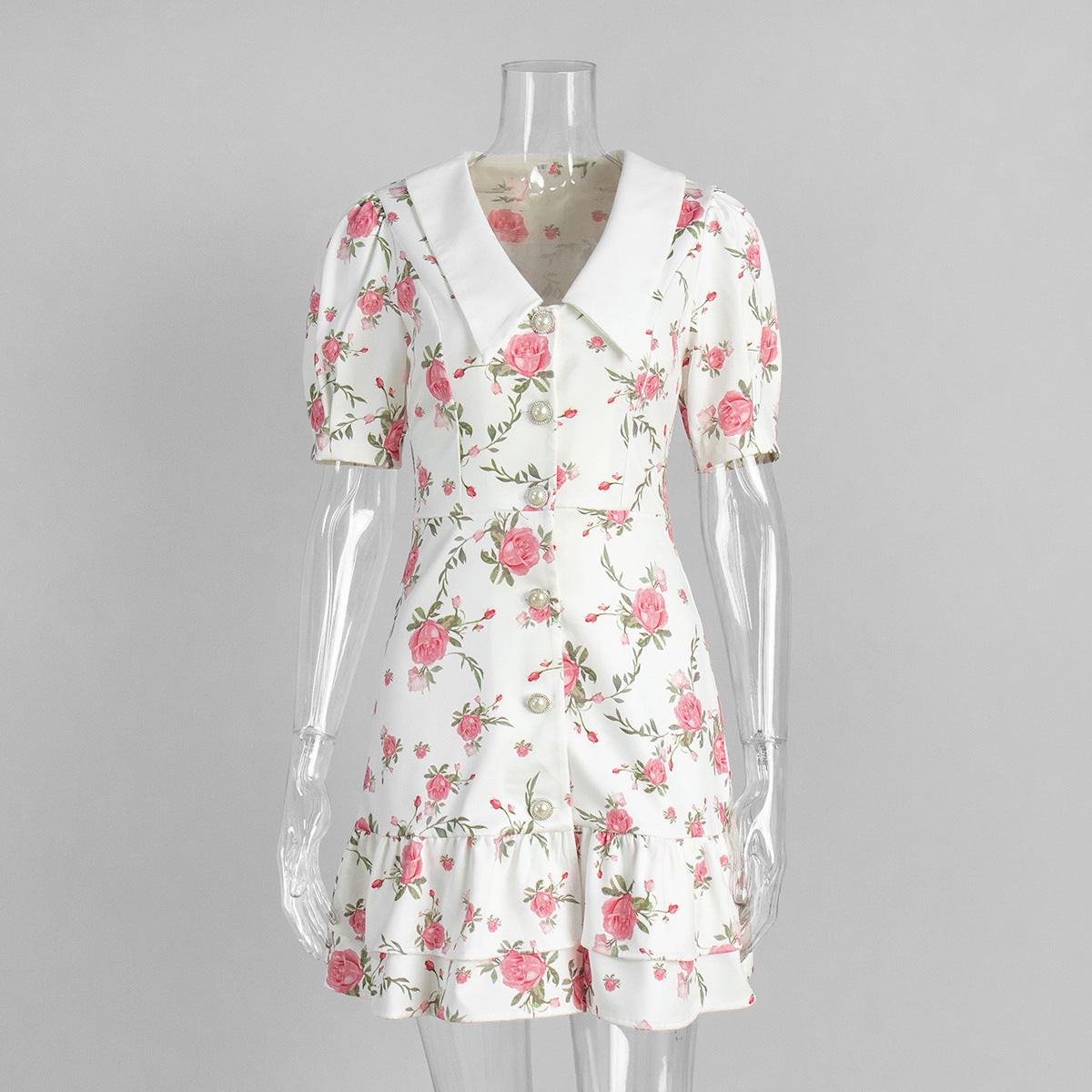 Sweet Floral Print Collar Button Down Mini Dress