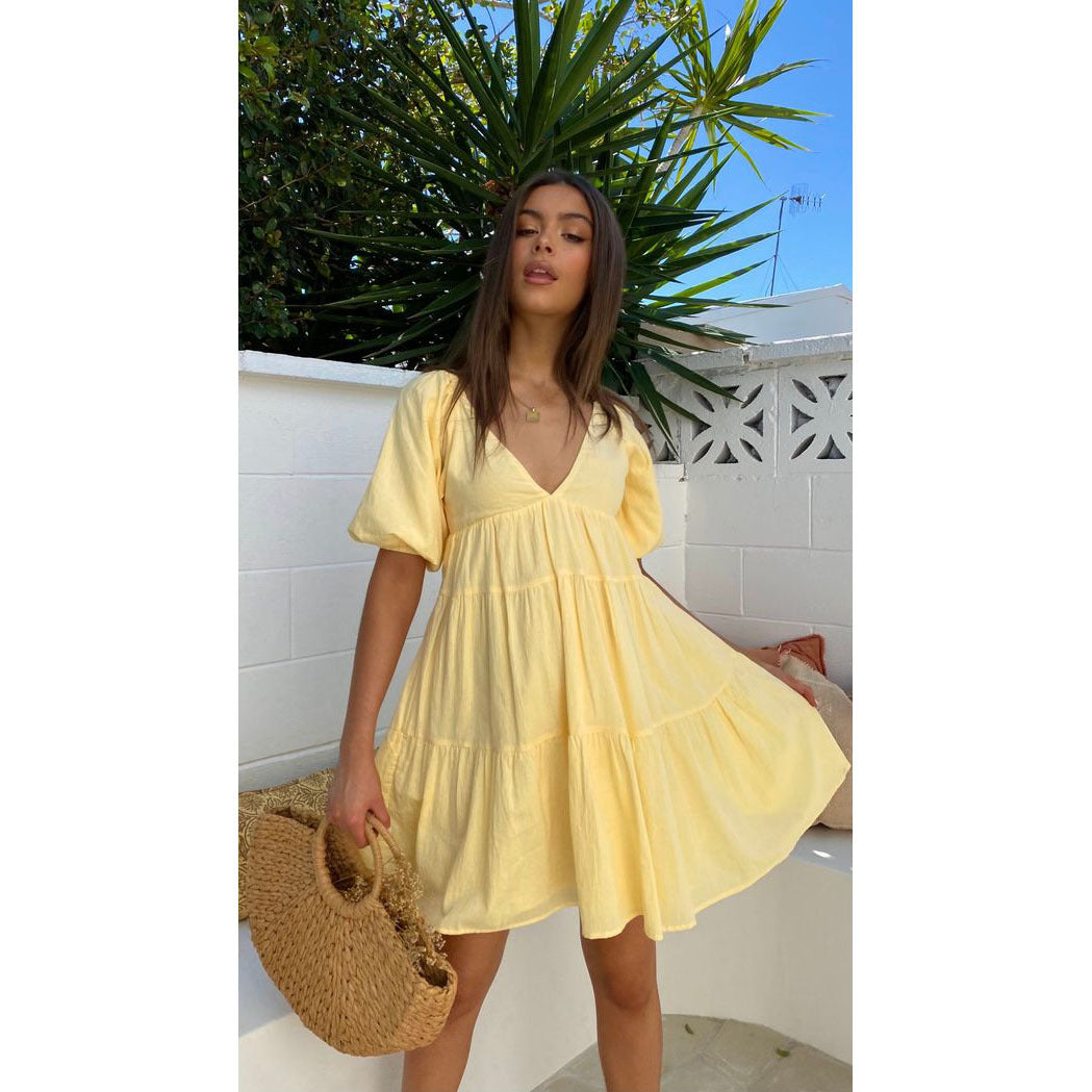 Yellow V-neck Puff Short Sleeves Tiered Mini Sun Dress