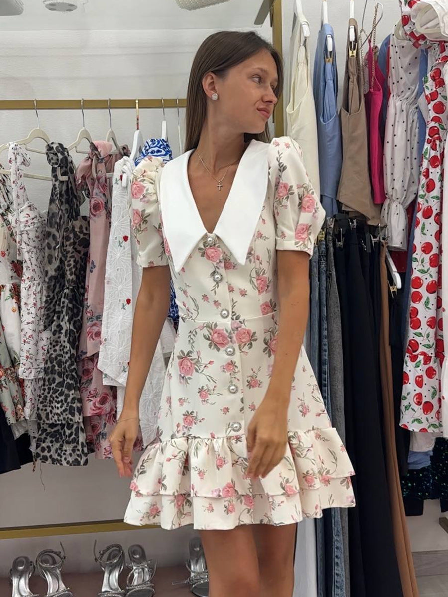 Sweet Floral Print Collar Button Down Mini Dress