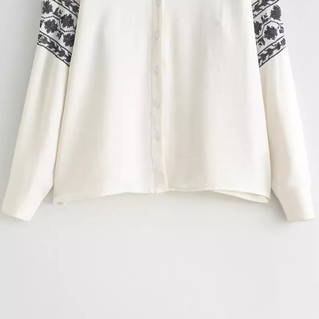 White Embroidery V-neck Long Sleeves Blouse
