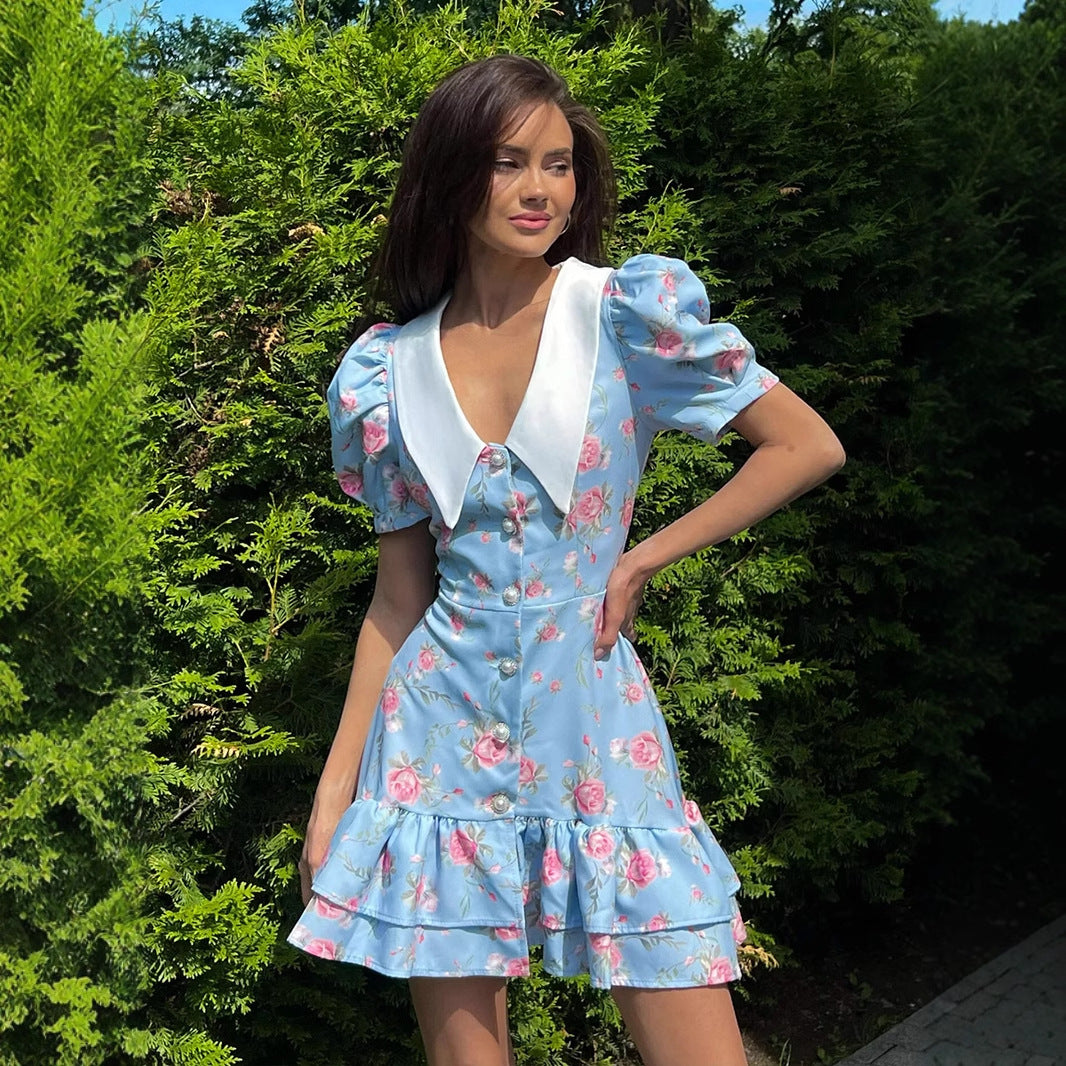 Sweet Floral Print Collar Button Down Mini Dress