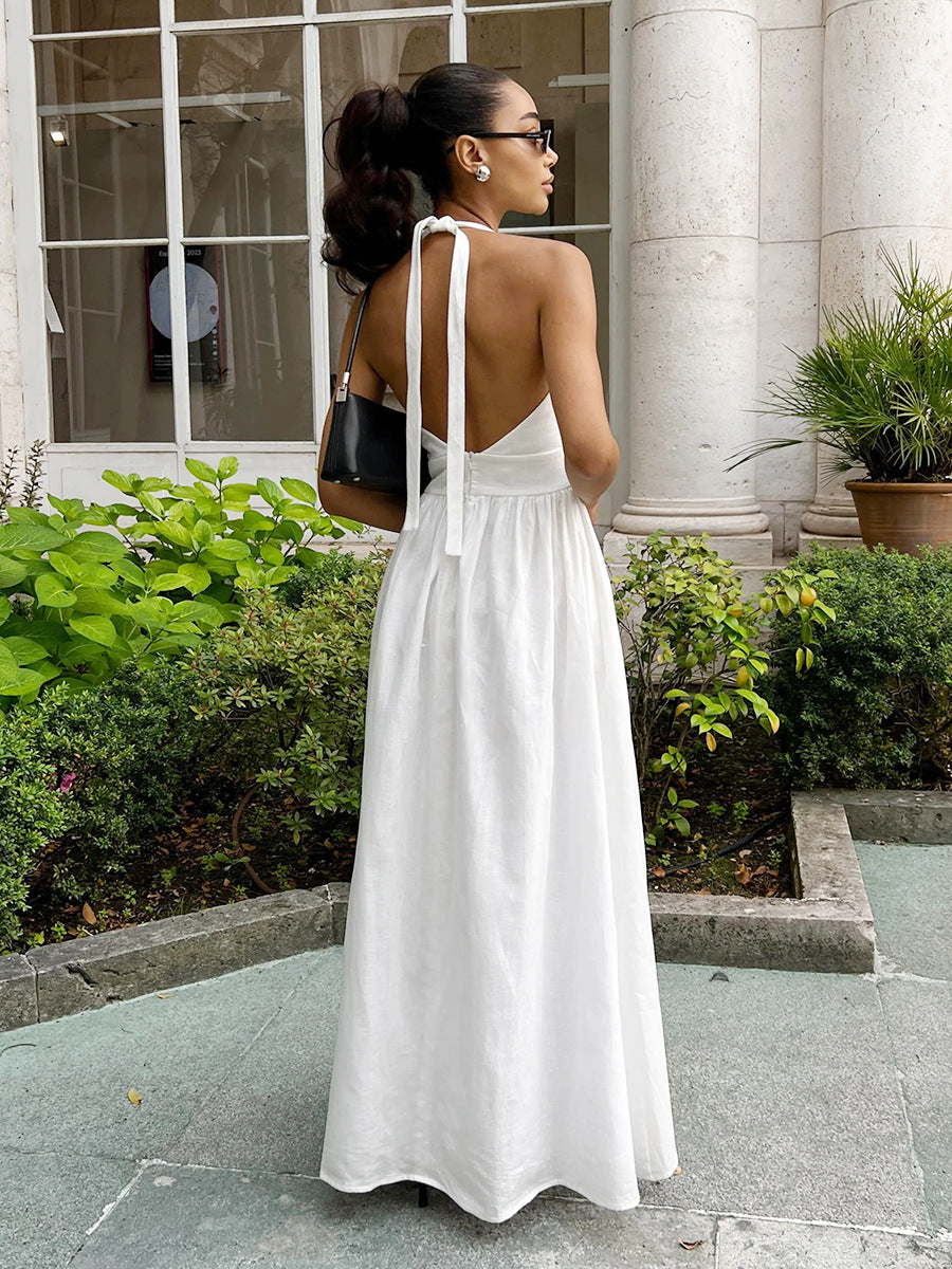 White Deep V-neck Sleeveless Backless Maxi Dress