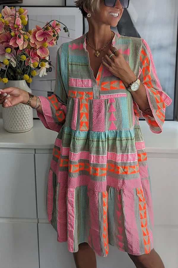 Bobo Pink Geogetric Print Bell Sleeve Tiered Mini Dress