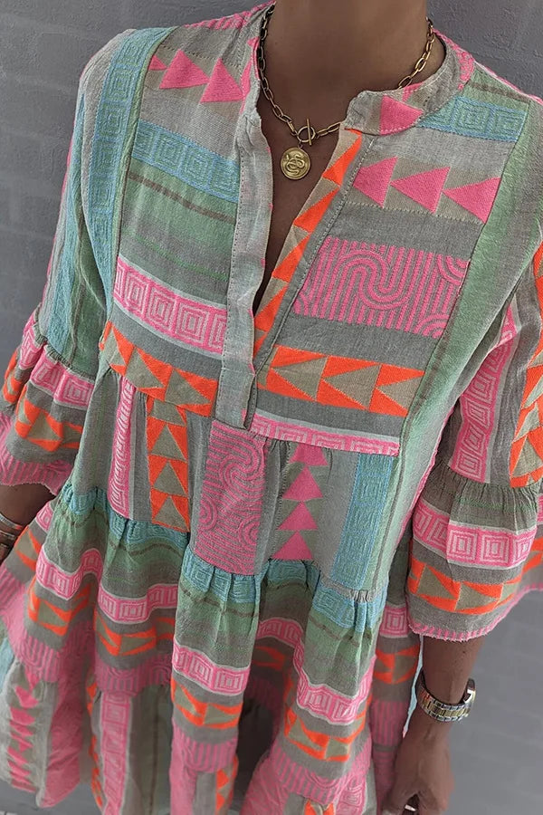 Bobo Pink Geogetric Print Bell Sleeve Tiered Mini Dress