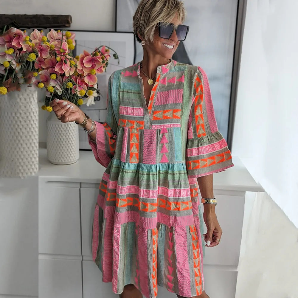 Bobo Pink Geogetric Print Bell Sleeve Tiered Mini Dress