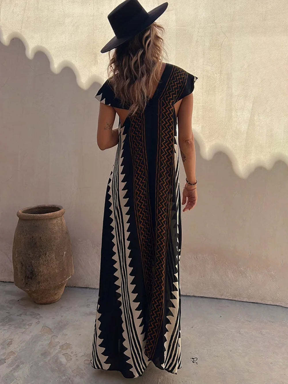 Bohemian V-neck Short Sleeves Geometric Casual Maxi Dress