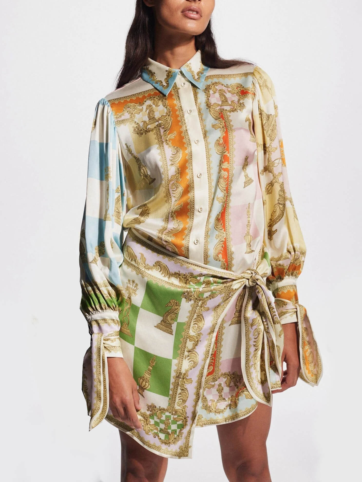 Vibrant Baroque Print Tie Waist Detail Shirt Mini Dress