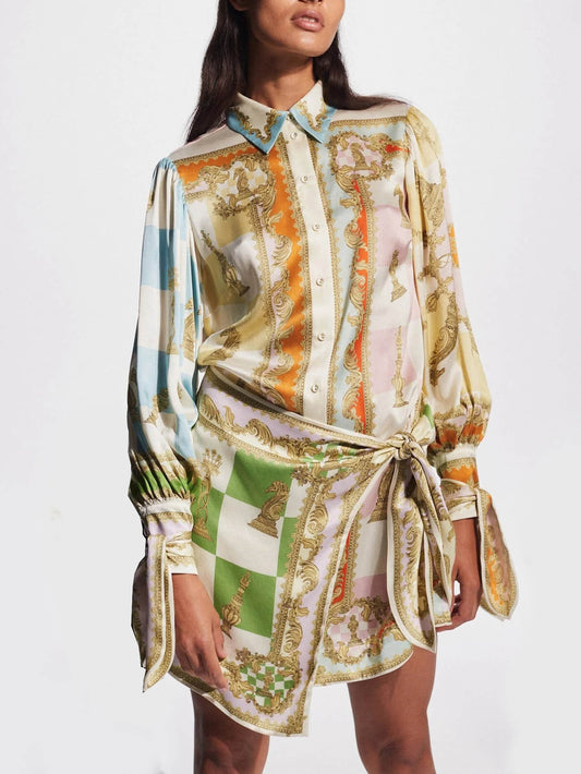 Vibrant Baroque Print Tie Waist Detail Shirt Mini Dress