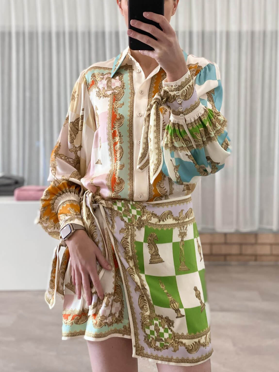 Vibrant Baroque Print Tie Waist Detail Shirt Mini Dress