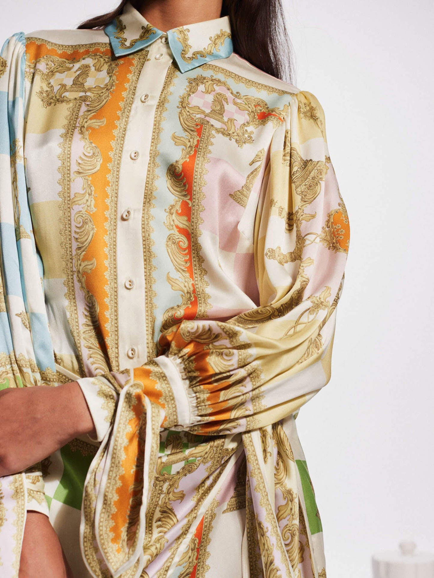 Vibrant Baroque Print Tie Waist Detail Shirt Mini Dress