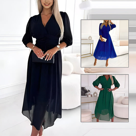 Classy V-neck Long Sleeves Midi Chiffon Dress