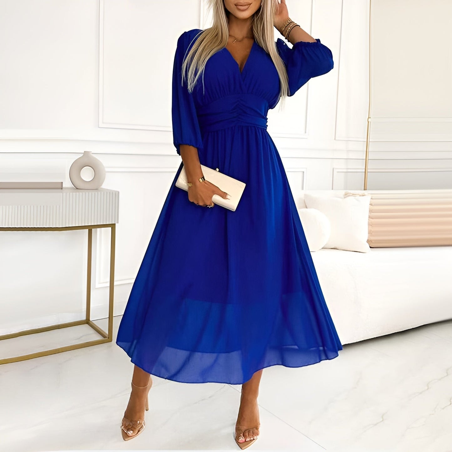 Classy V-neck Long Sleeves Midi Chiffon Dress